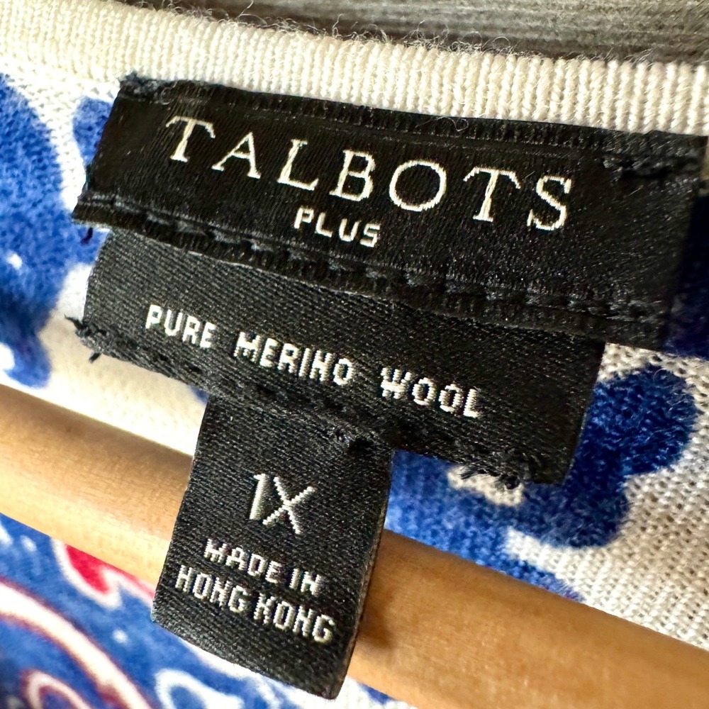 Talbots Soft Merino Wool V-Neck Sweater 1X Blue Red Preppy Old Money Fourth July - Picture 5 of 10